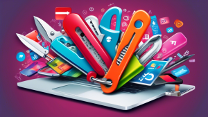 A swiss army knife morphing into digital marketing tools like a laptop, smartphone, email, and social media logos.