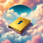 A comprehensive guidebook floating in the clouds with a golden keyhole on the cover
