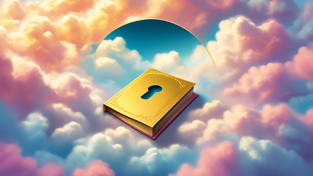 A comprehensive guidebook floating in the clouds with a golden keyhole on the cover