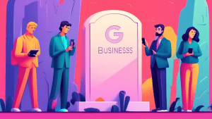 A tombstone with Google My Business engraved on it, surrounded by worried business owners holding smartphones.