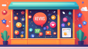 A storefront window with Google My Business brightly colored lettering surrounded by floating icons of features like reviews, location pins, photos, and star ratings.