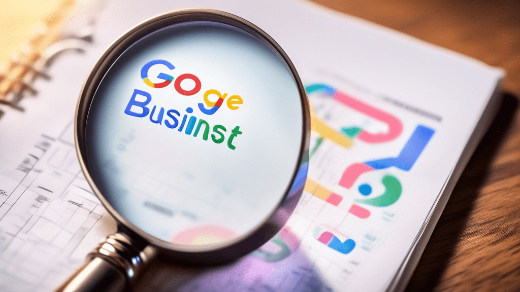A magnifying glass hovering over a checklist with the Google My Business logo glowing in the background.