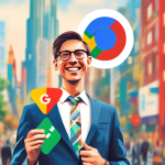 A smiling person in business attire holding a Google Maps pin with the Google G logo on it, superimposed over a bustling city scene.
