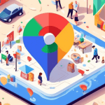 A shop front with a giant Google Maps pin bursting out of it, surrounded by floating icons representing different business categories like restaurants, salons, and hotels.