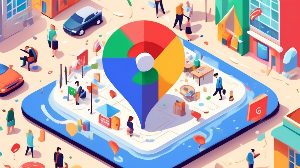 A shop front with a giant Google Maps pin bursting out of it, surrounded by floating icons representing different business categories like restaurants, salons, and hotels.