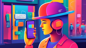 A chatbot wearing a Google colored hat having a conversation with a storefront on a smartphone.