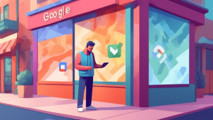 A storefront with a faded Google Maps pin icon above it and a confused business owner looking at their phone.