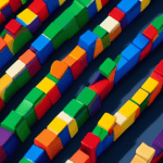 A question mark made of colorful building blocks casting a long shadow over a miniature Google Maps pin.