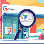 A storefront with a giant Google Maps pin sticking out of it and a magnifying glass inspecting a checklist labeled Google Business Profile Guidelines.