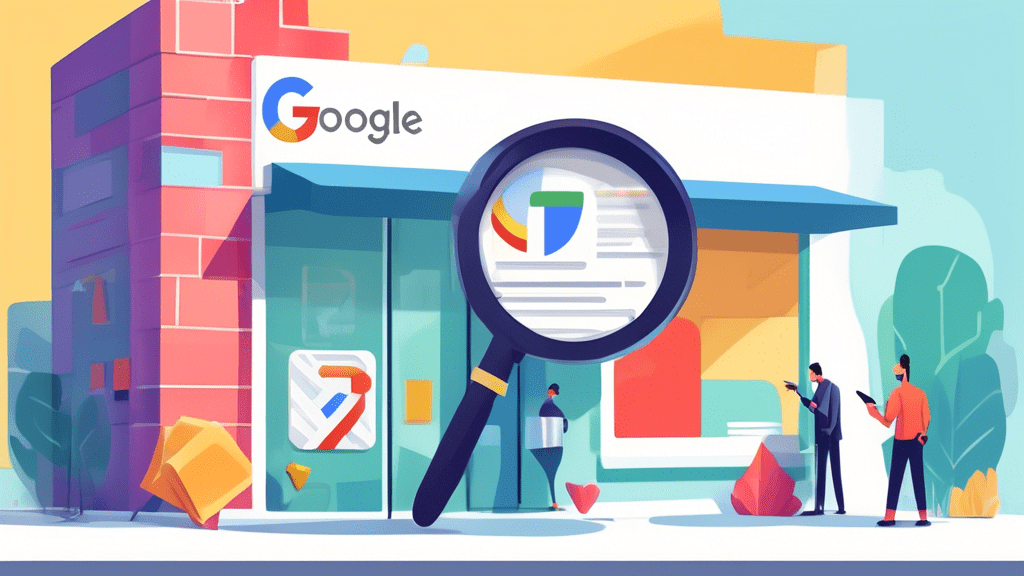 A storefront with a giant Google Maps pin sticking out of it and a magnifying glass inspecting a checklist labeled Google Business Profile Guidelines.