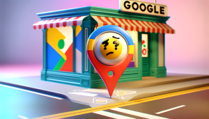 A helpful cartoon Google Maps pin giving directions to a confused storefront with a question mark for a face.