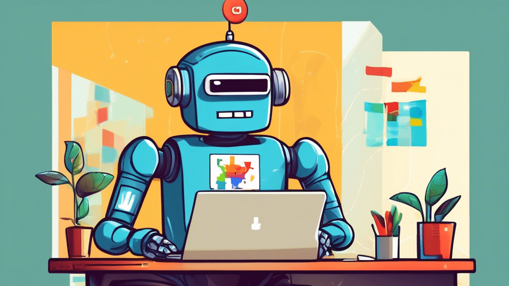 A friendly robot wearing a Google Maps pin badge helping a confused business owner with their Google Business Profile on a laptop.