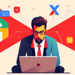 A frustrated business owner staring at a laptop screen displaying a Google Business Profile with a large red X over their uploaded image.