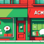 A storefront with a Google Maps pin sticking out of it and a large speech bubble saying Acme LLC with a red circle and line through it, and a smaller speech bubble saying Acme with a green checkmark.