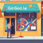 A storefront with a giant Google Maps pin sticking out of it, with a business owner meticulously measuring the name on their storefront sign using a tape measure.