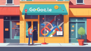 A storefront with a giant Google Maps pin sticking out of it, with a business owner meticulously measuring the name on their storefront sign using a tape measure.