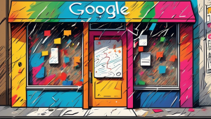 A storefront with a Google Maps pin stuck through the sign, the sign's text covered in messy scribbles and scratch-outs.