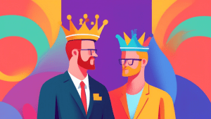 A split screen showing a business owner with a king crown on one side and a business manager with a hand icon hovering over a Google My Business listing on the other.