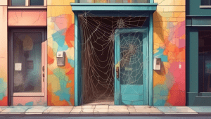 A storefront with a faded Google Maps pin on the door and cobwebs covering the entrance.