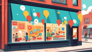 A storefront window with a giant Google Maps pin inside, surrounded by speech bubbles with positive reviews and images of delicious food.