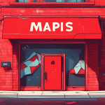 A storefront with a giant Google Maps pin stabbed through its roof and a red suspended banner wrapped across the closed doors.