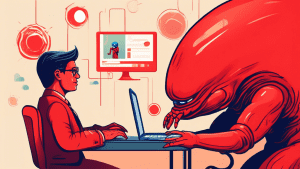 A desperate business owner with their head in their hands, staring down at a laptop screen with a giant red SUSPENDED notification over the Google Business Profile logo, while a small Reddit alien off