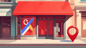A storefront with a giant Google Maps pin crossed out in red.