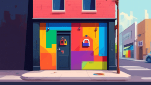 A storefront with a Google Maps pin hovering above it, half of the storefront is vibrant and open, the other half is dark and boarded up with a padlock on the door.
