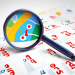 A Google Maps pin with a magnifying glass inspecting a calendar with the month of June highlighted.