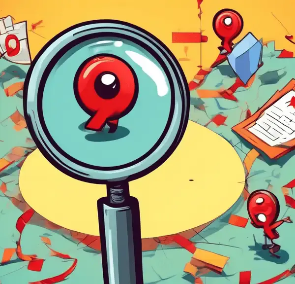 A confused cartoon magnifying glass with arms, wearing a Google Maps location pin hat, staring at a tangled mess of verification checkmarks and red X marks.