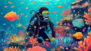 A scuba diver wearing a Google Maps pin explores a coral reef filled with Reddit upvote and downvote icons.