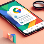 A smartphone showcasing a Google business profile with a visually appealing website design and a magnifying glass hovering over it.