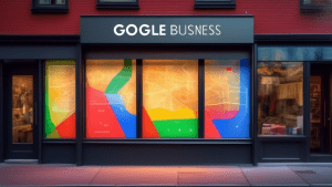 A storefront window with a Google Maps pin digitally overlaid and the text Google Business Profile brightly glowing inside the store.