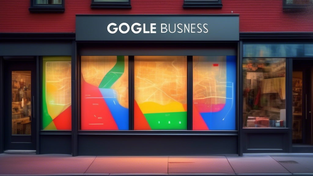 A storefront window with a Google Maps pin digitally overlaid and the text Google Business Profile brightly glowing inside the store.