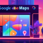 A futuristic storefront with the Google Maps pin logo hovering over it, showcasing glowing new features like reviews, photos, and booking options, while a holographic What's New banner floats nearby.