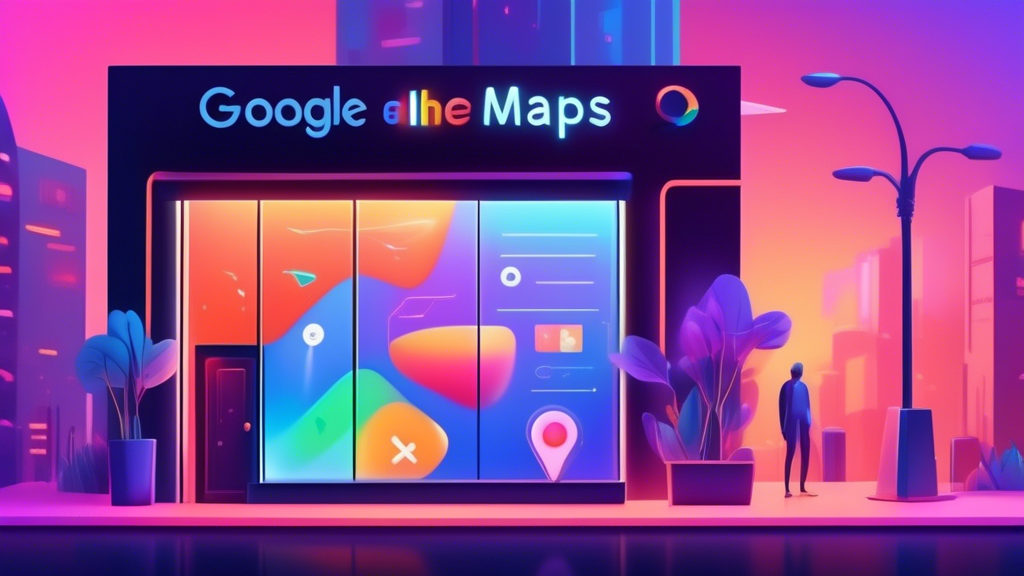 A futuristic storefront with the Google Maps pin logo hovering over it, showcasing glowing new features like reviews, photos, and booking options, while a holographic What's New banner floats nearby.
