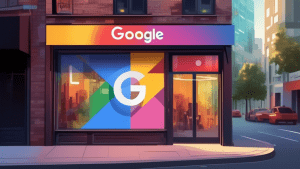 A storefront window with a Google Maps pin superimposed on it and the text Google Business Profile glowing above.