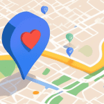 A Google Maps pin icon with a heart inside, hovering over a map with a search bar that reads Nonprofit Organizations near me.