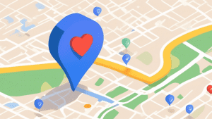 A Google Maps pin icon with a heart inside, hovering over a map with a search bar that reads Nonprofit Organizations near me.