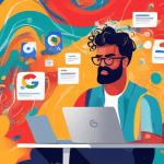 A small business owner looking overwhelmed at a laptop with Google Business Profile and Google Ads logos swirling around their head.