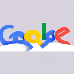 A friendly, minimalist Google logo holding hands with a colorful domain name tag.