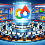 Create an illustration that features Google Search Central (formerly known as Webmaster Central). Depict a sleek, modern control center with various digital screens displaying web analytics, search en