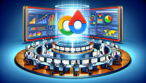 Create an illustration that features Google Search Central (formerly known as Webmaster Central). Depict a sleek, modern control center with various digital screens displaying web analytics, search en
