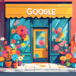 A small business storefront bursting with colorful flowers, with a giant magnifying glass hovering over it and the Google Maps pin logo embedded in the glass.