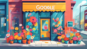 A small business storefront bursting with colorful flowers, with a giant magnifying glass hovering over it and the Google Maps pin logo embedded in the glass.