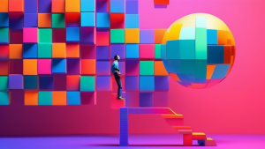 DALL-E prompt: A person standing on a high platform made of colorful, simplified code blocks, reaching towards a bright, glowing sphere representing intuitive and efficient software development.