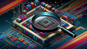 A magnifying glass hovering over a computer chip, inspecting its intricate details.