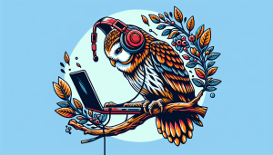 An owl wearing headphones, sitting on a branch, using a laptop.