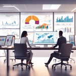 Create an image that shows a modern office setting with a diverse team of professionals analyzing data and discussing strategies. On the computer screens, display graphs, charts, and lead scoring metr