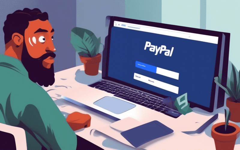 A DALL-E prompt for an image relating to the article title How to Cancel PayPal Subscriptions:nnA frustrated person sitting in front of a computer screen, trying to navigate through the PayPal website